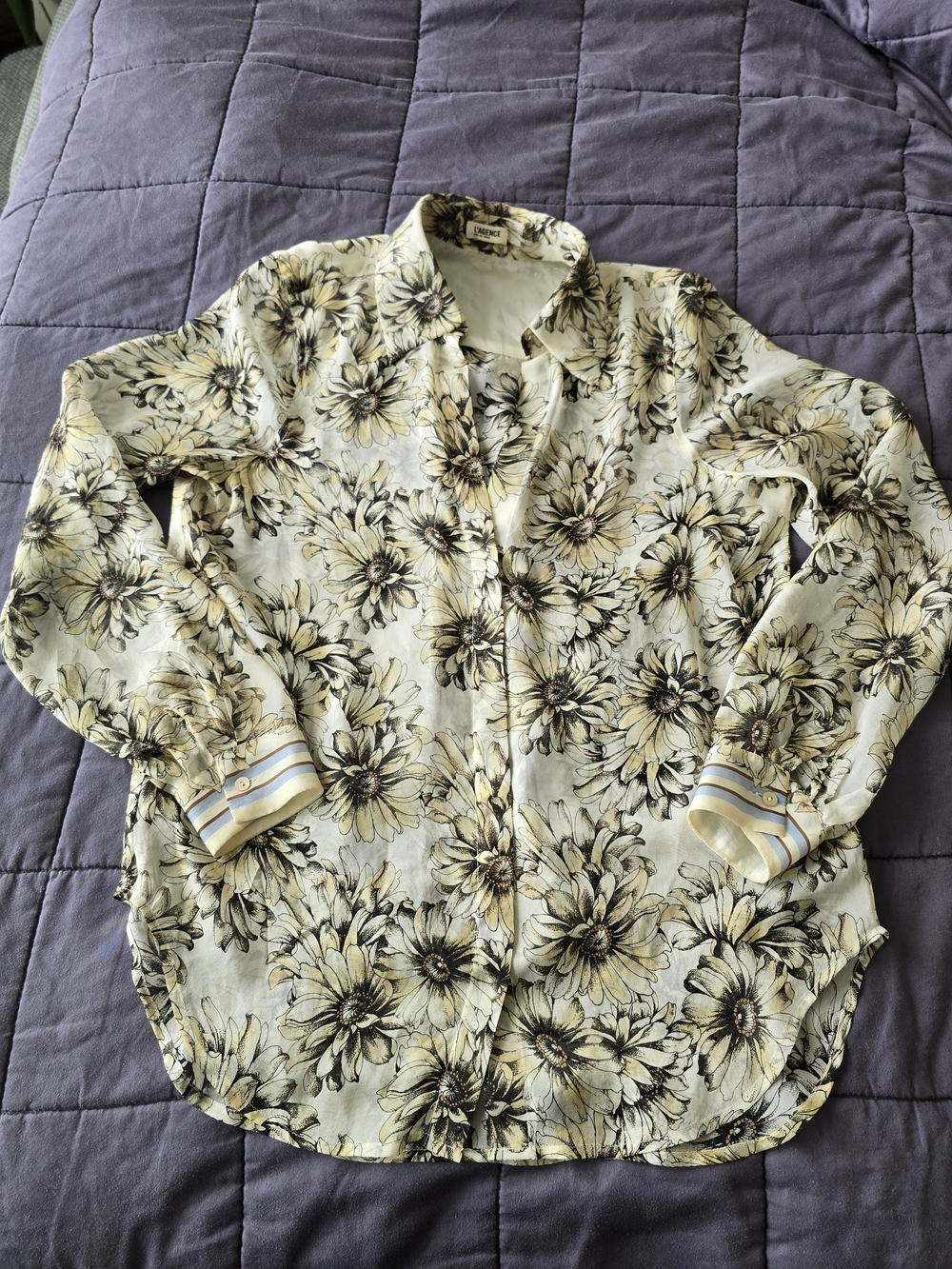 L'agence 100% Silk Yellow & Cream Sheer Floral Shirt Sz 2